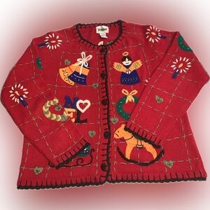 Vintage Red Knit Beaded Embroidered Ugly Christmas Holiday Cardigan Sweater L